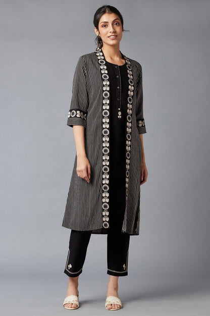 Jet Black Stripe Jacket With Sleeveless kurta And Straight Pants - wforwoman