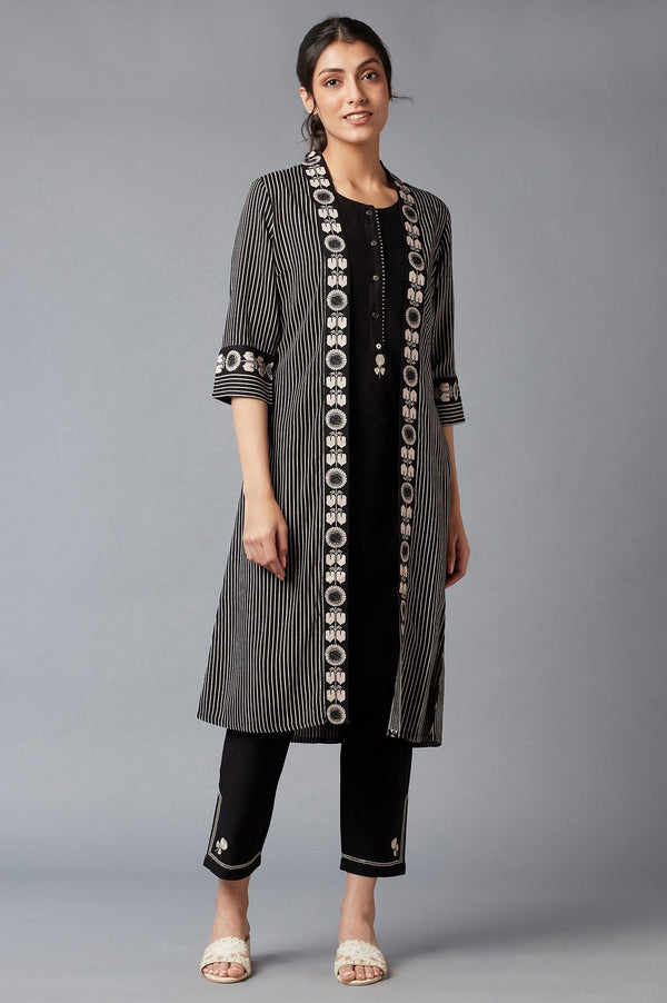 Jet Black Stripe Jacket With Sleeveless kurta And Straight Pants