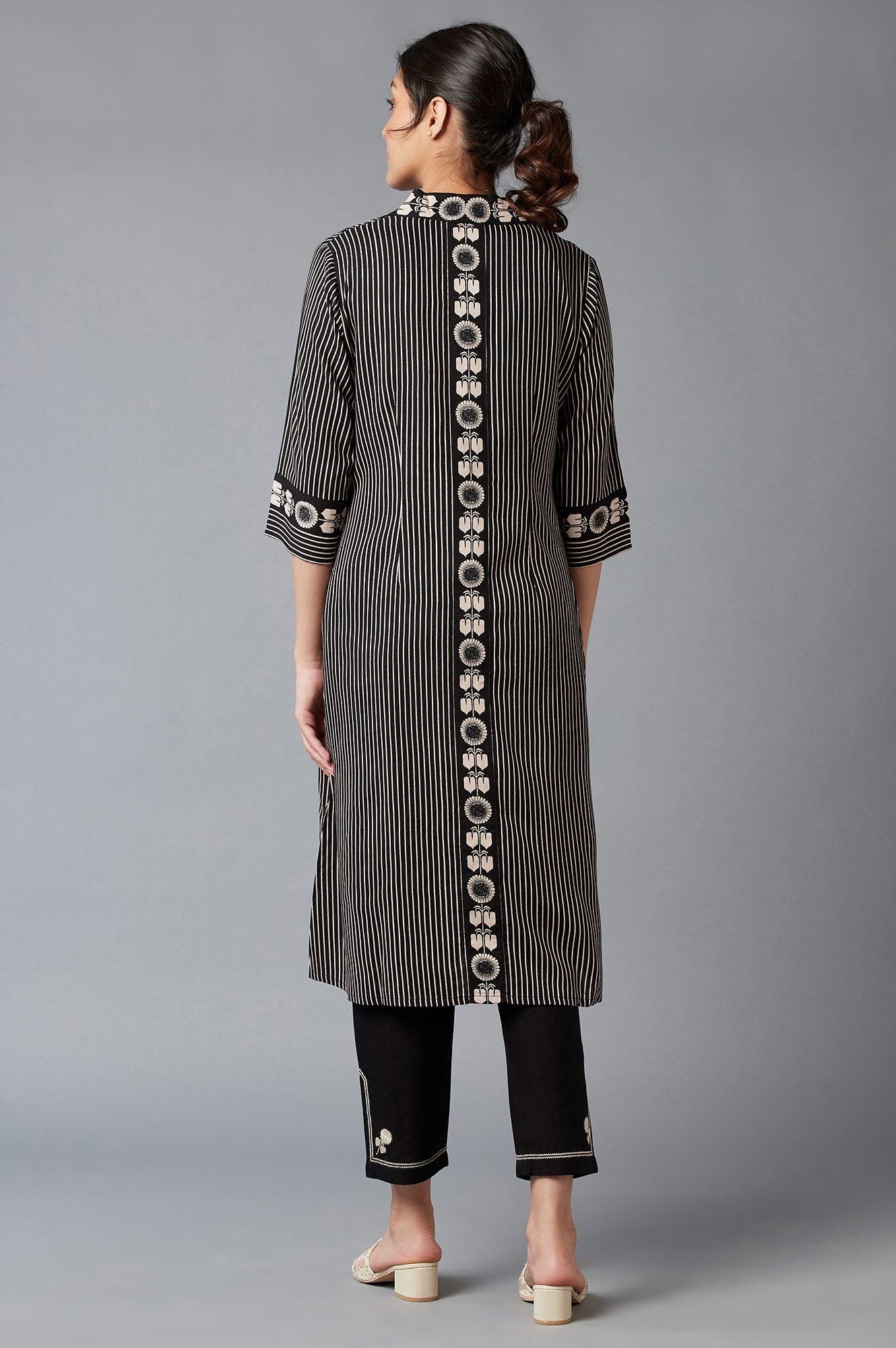 Jet Black Stripe Jacket With Sleeveless kurta And Straight Pants - wforwoman