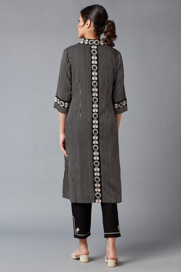 Jet Black Stripe Jacket With Sleeveless kurta And Straight Pants