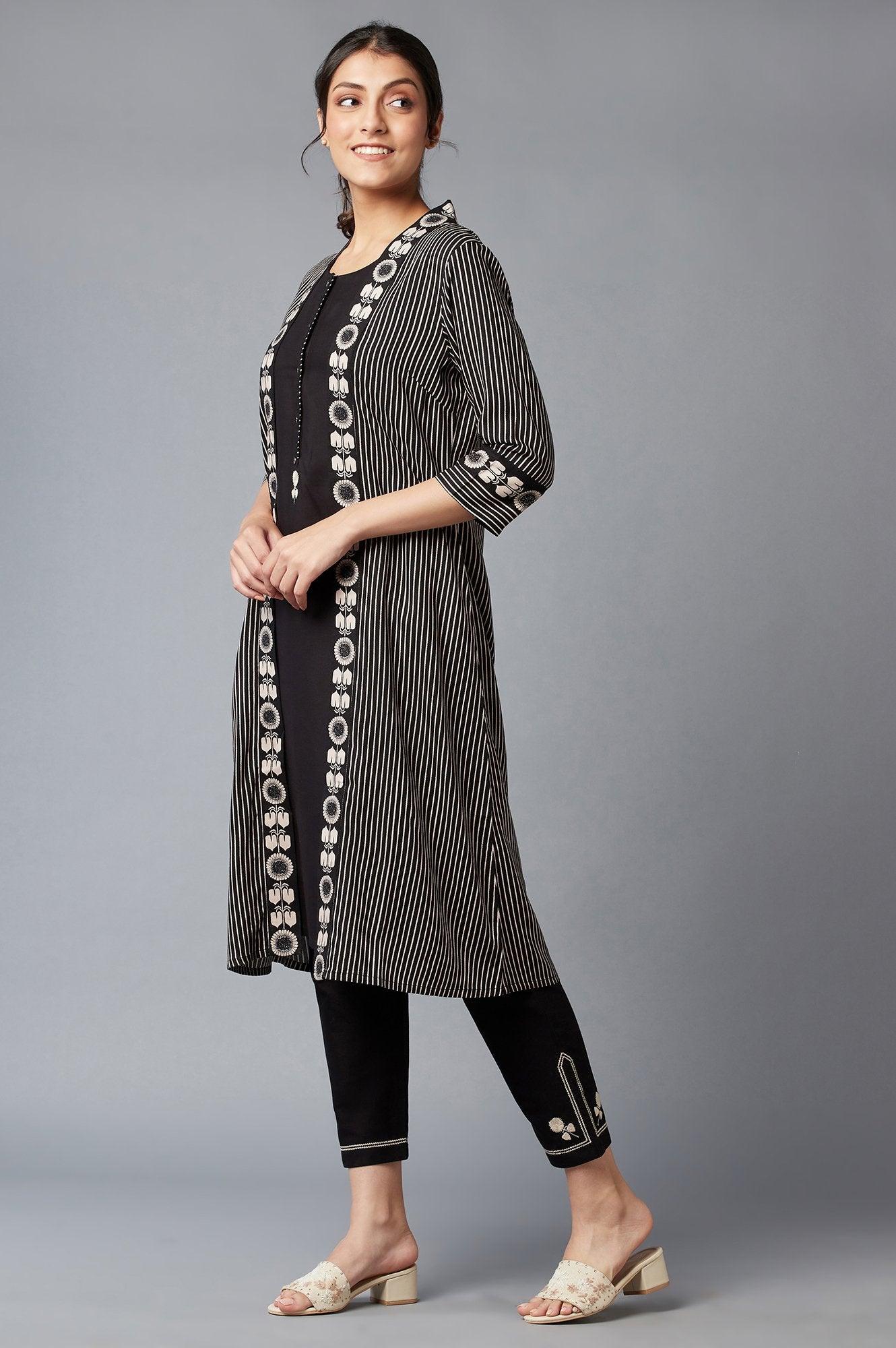 Jet Black Stripe Jacket With Sleeveless kurta And Straight Pants - wforwoman