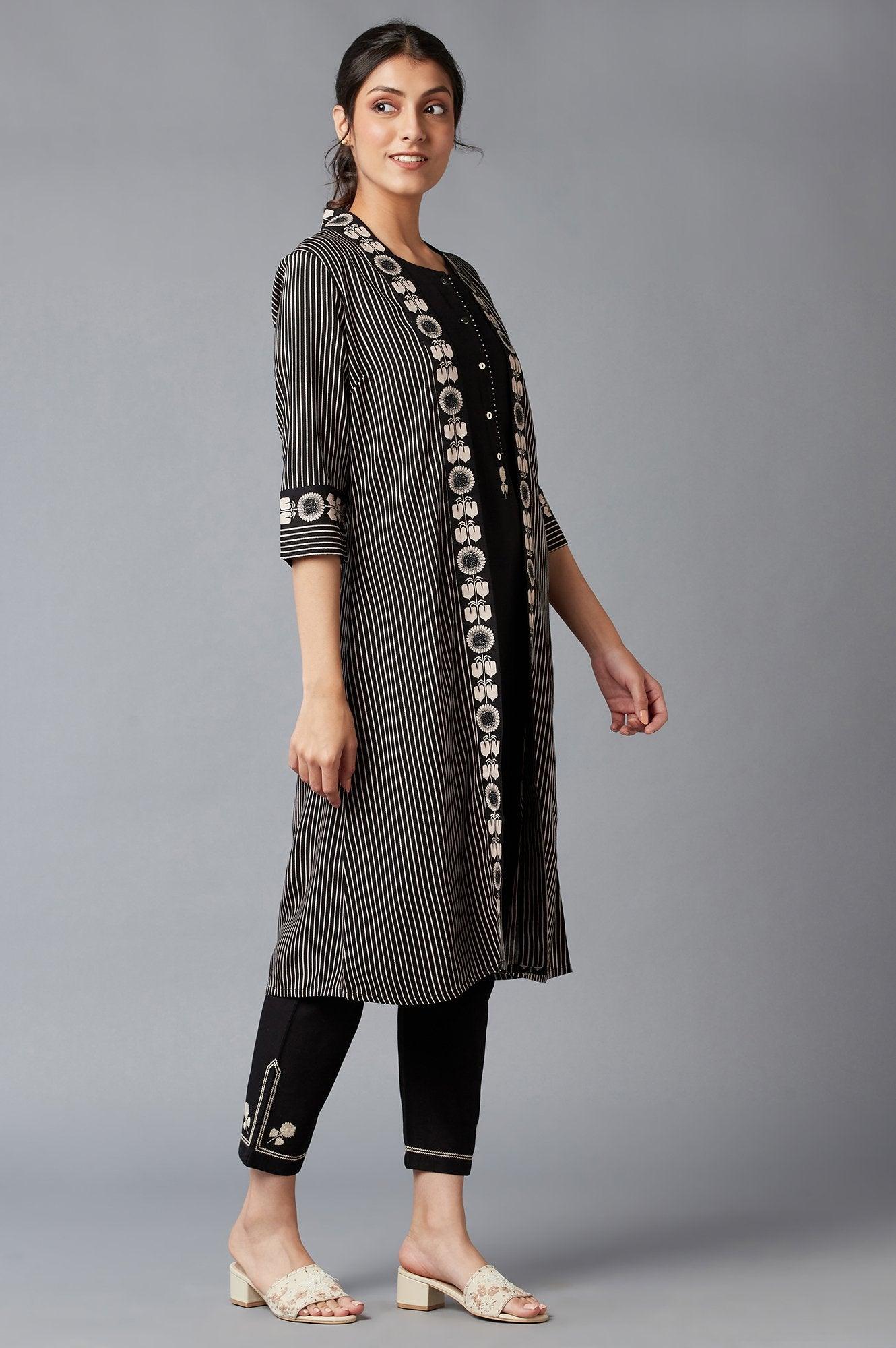 Jet Black Stripe Jacket With Sleeveless kurta And Straight Pants - wforwoman