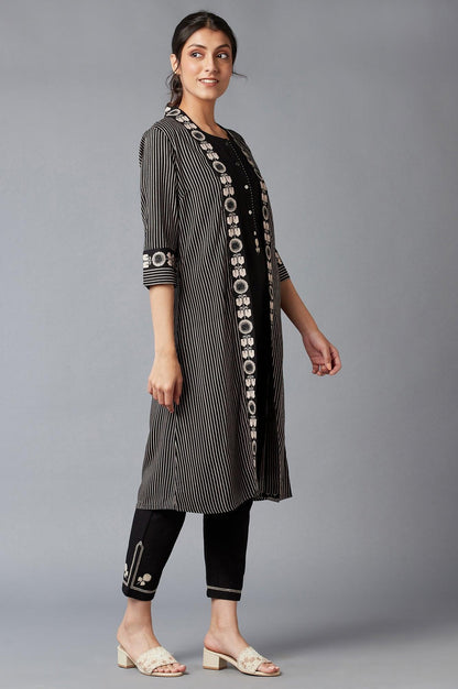 Jet Black Stripe Jacket With Sleeveless kurta And Straight Pants - wforwoman