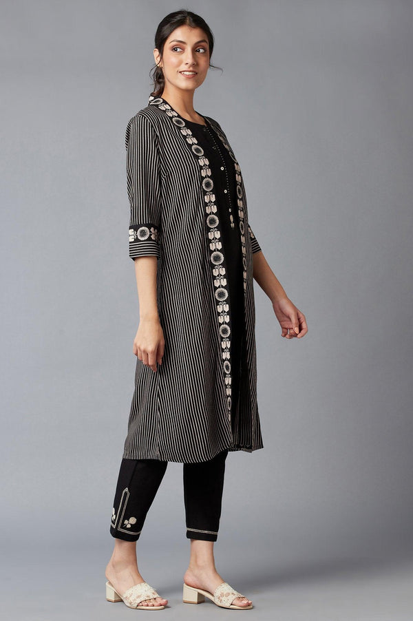 Jet Black Stripe Jacket With Sleeveless kurta And Straight Pants