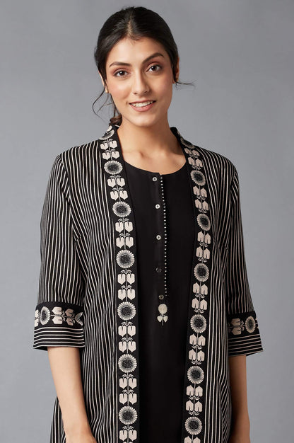 Jet Black Stripe Jacket With Sleeveless kurta And Straight Pants - wforwoman