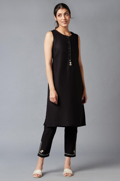 Jet Black Stripe Jacket With Sleeveless kurta And Straight Pants - wforwoman