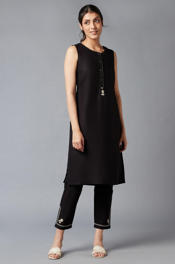 Jet Black Stripe Jacket With Sleeveless kurta And Straight Pants