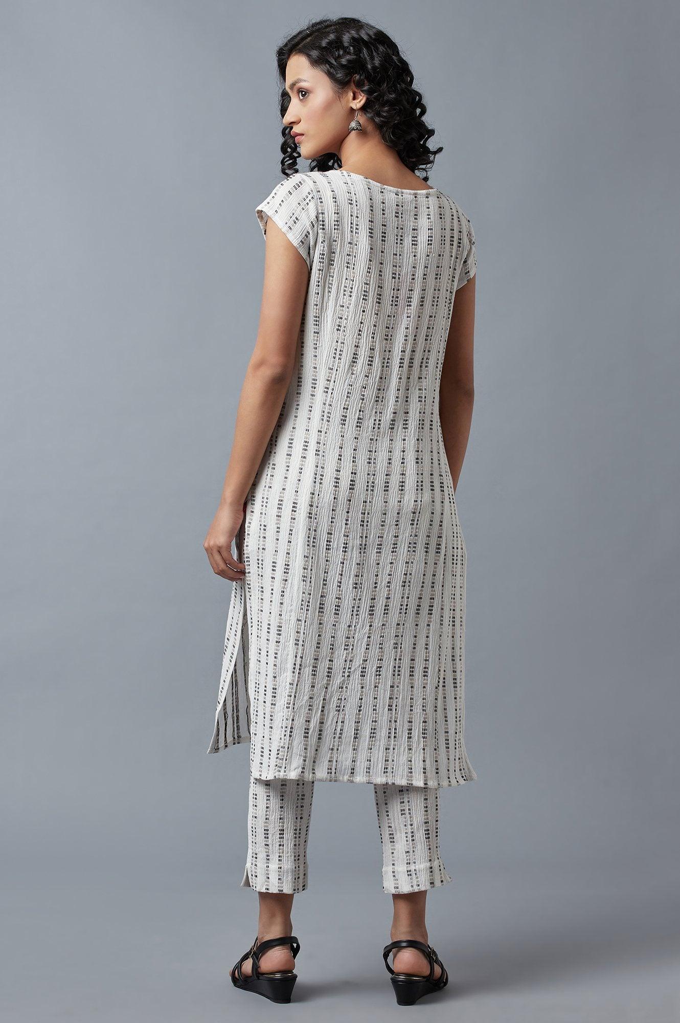 Ecru Printed kurta In Round Neck With Slim Pants - wforwoman