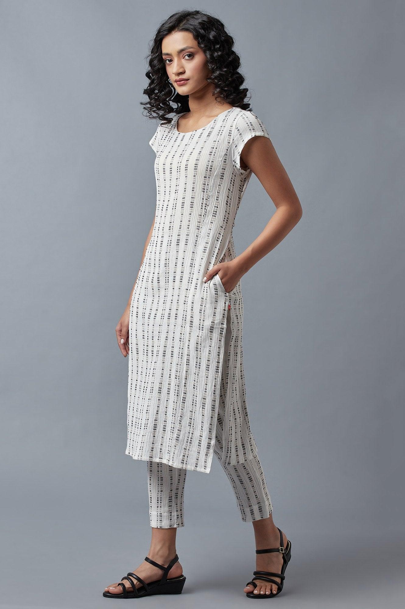Ecru Printed kurta In Round Neck With Slim Pants - wforwoman