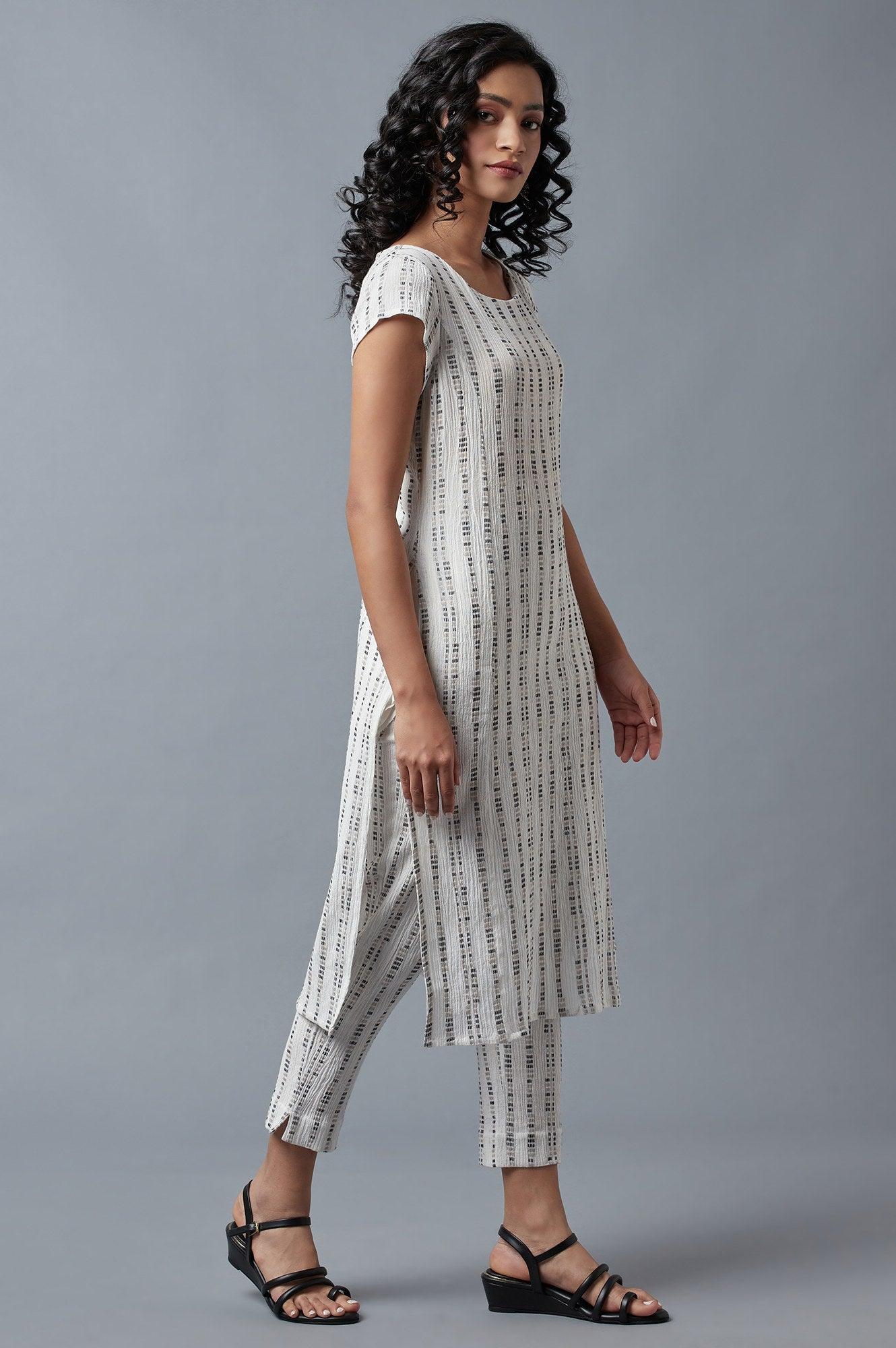 Ecru Printed kurta In Round Neck With Slim Pants - wforwoman