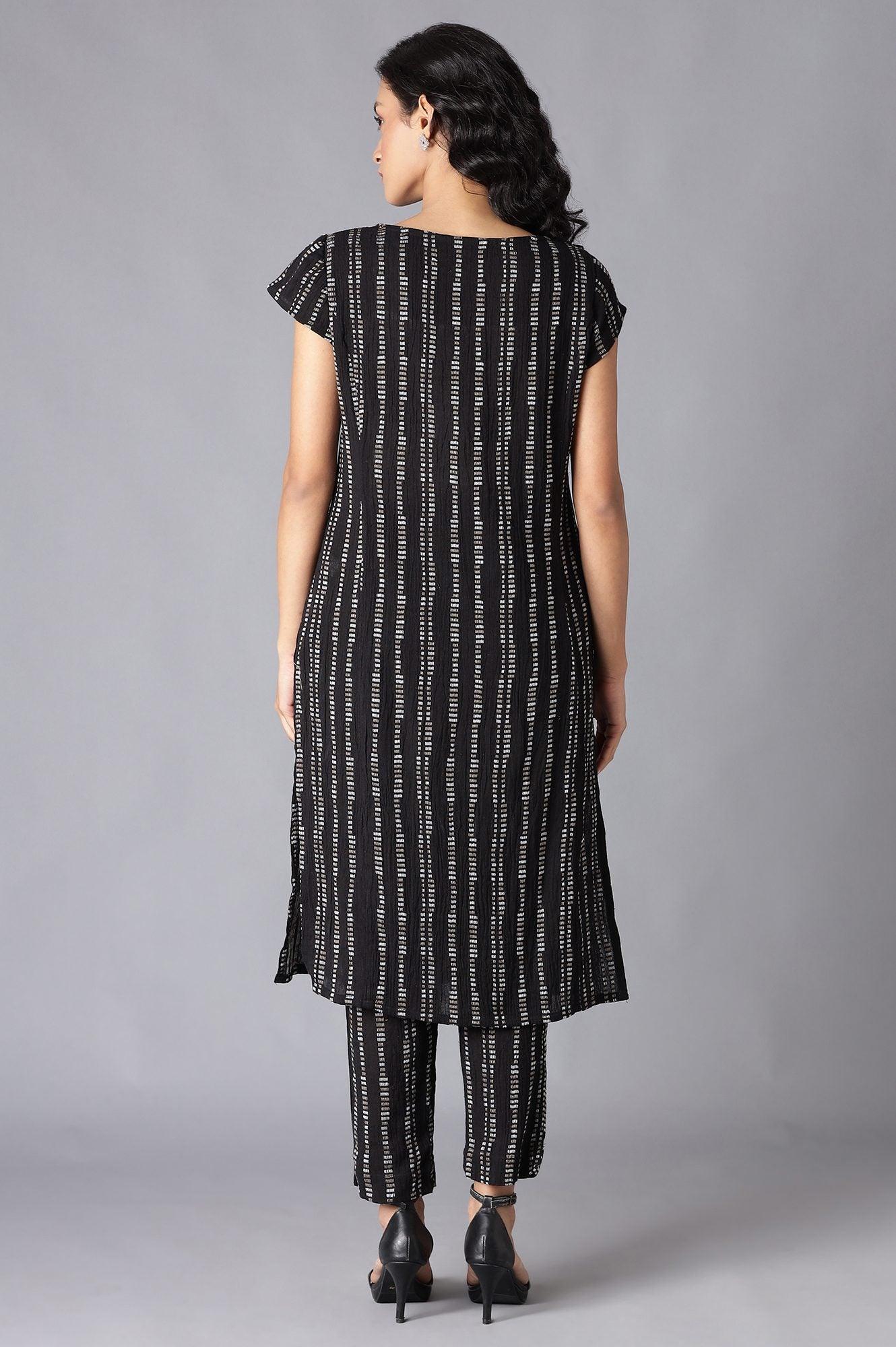 Black Printed kurta In Round Neck With Slim Pants - wforwoman