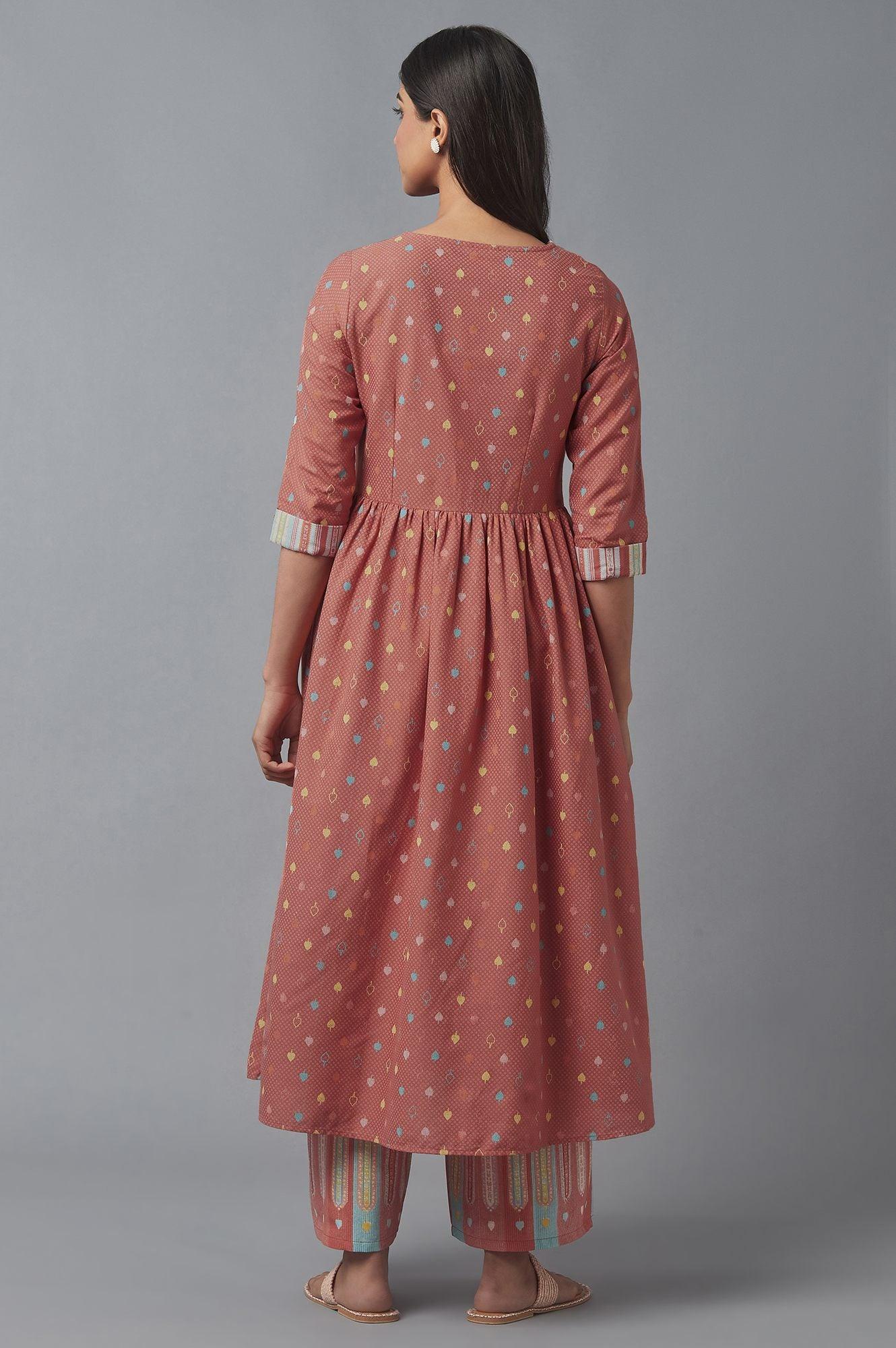 Orange Geometric Print kurta &amp; Parallel Pants Set - wforwoman