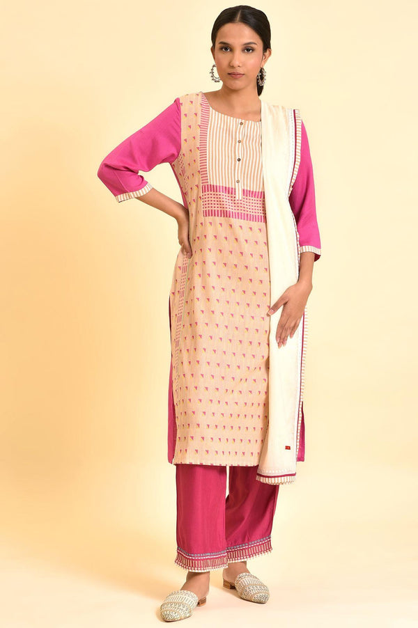 Light Pink Dobby Kurta, Pants And Dupatta Set