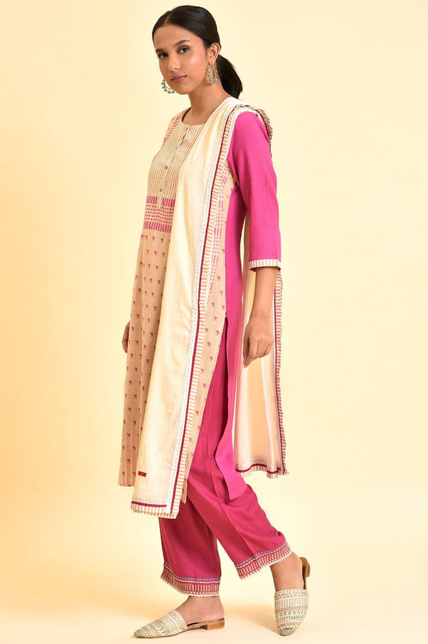 Light Pink Dobby Kurta, Pants And Dupatta Set