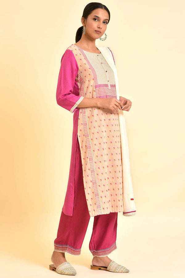 Light Pink Dobby Kurta, Pants And Dupatta Set
