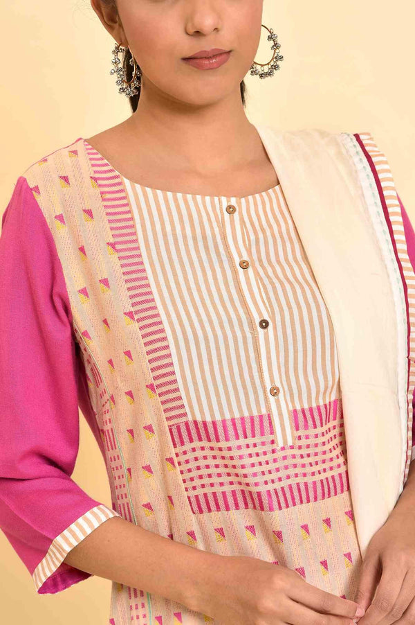 Light Pink Dobby Kurta, Pants And Dupatta Set