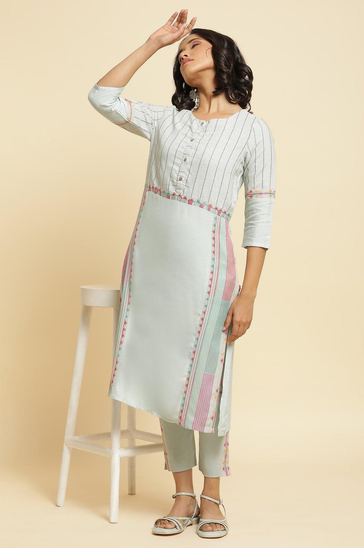 Blue Cotton Dobby Kurta & Pants Set - XS