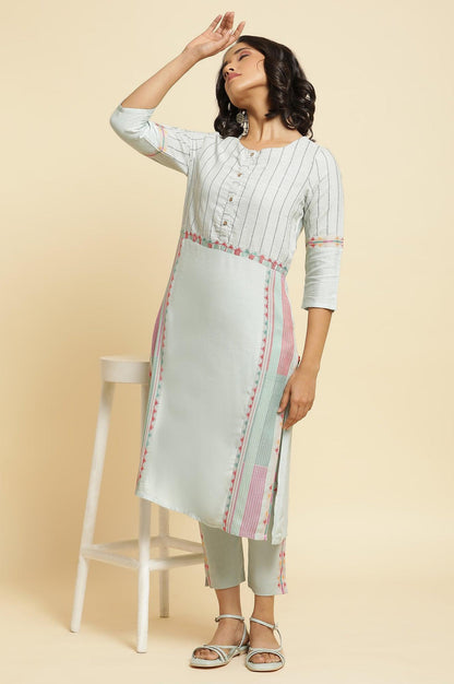 Blue Cotton Dobby Kurta &amp; Pants Set - wforwoman