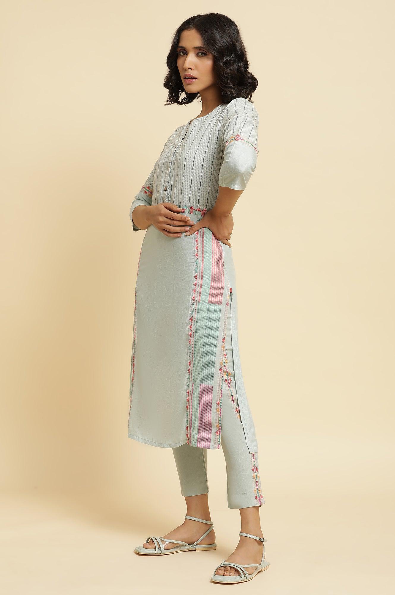 Blue Cotton Dobby Kurta &amp; Pants Set - wforwoman