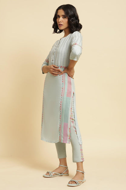 Blue Cotton Dobby Kurta &amp; Pants Set - wforwoman