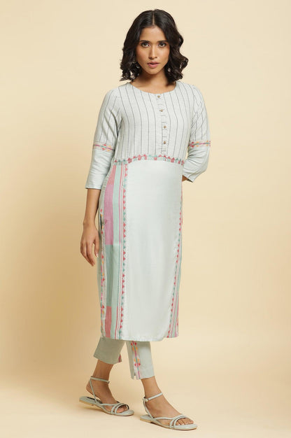 Blue Cotton Dobby Kurta &amp; Pants Set - wforwoman