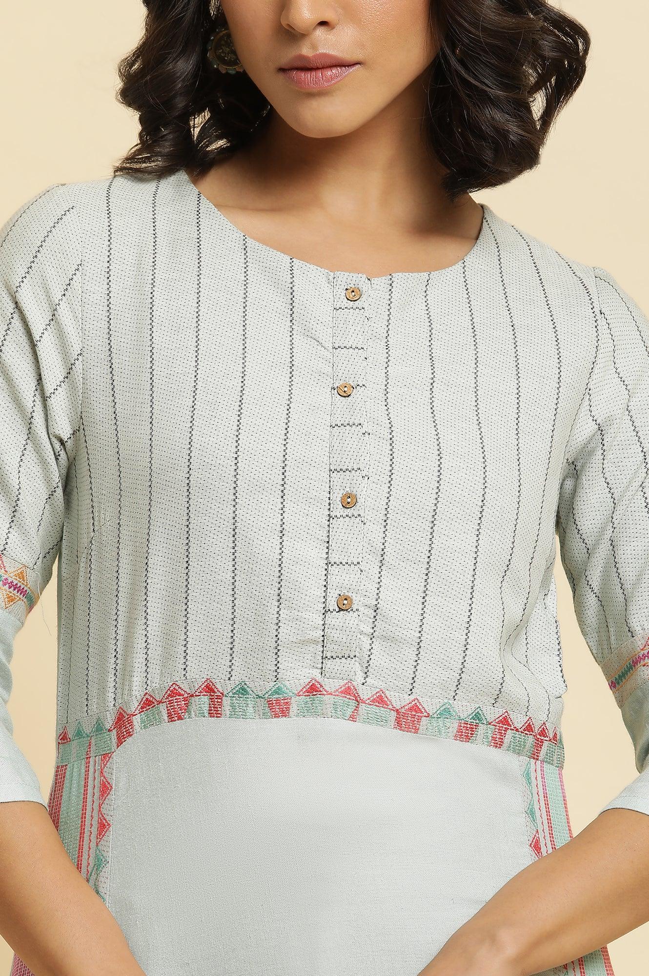 Blue Cotton Dobby Kurta &amp; Pants Set - wforwoman