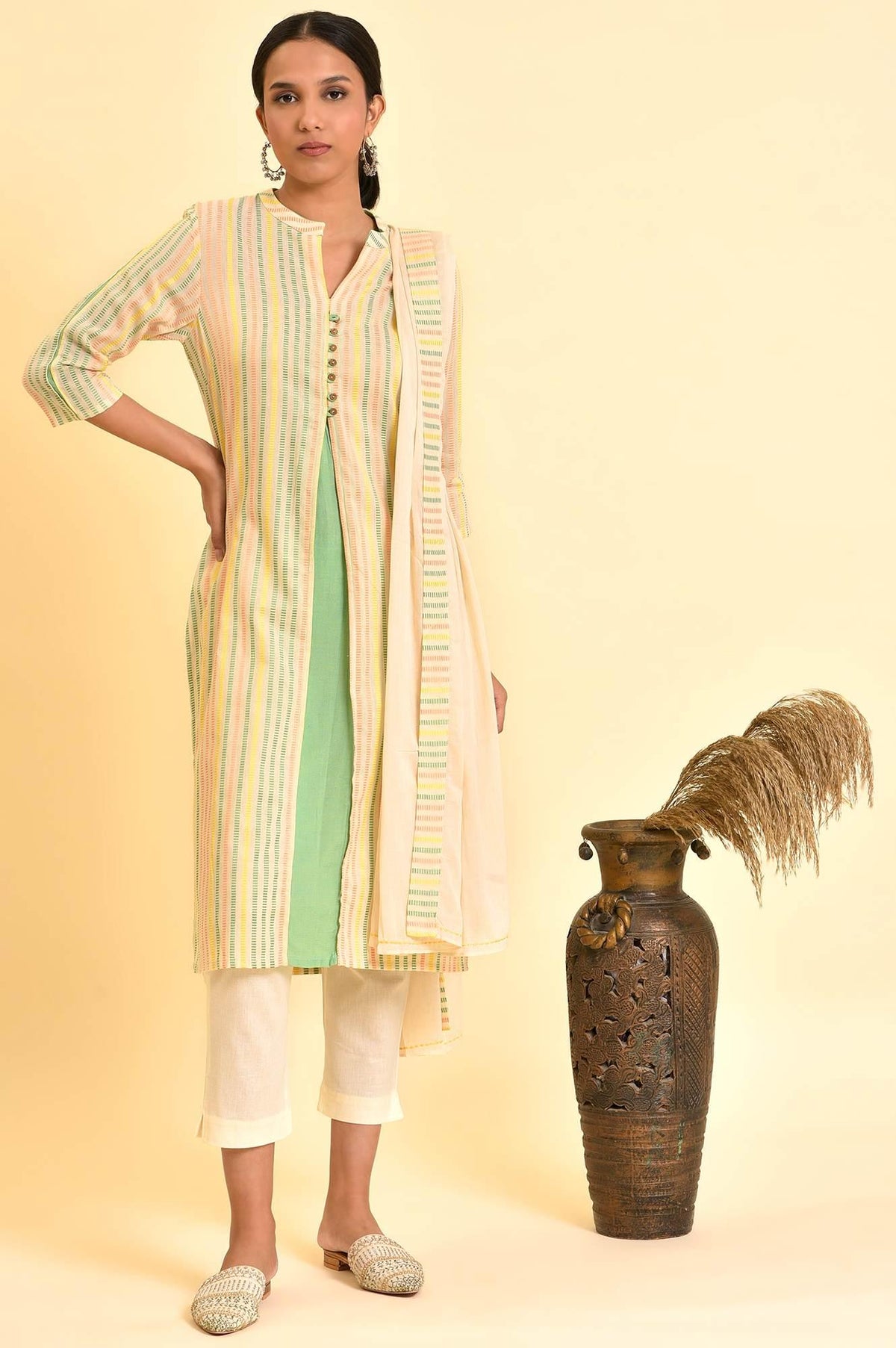 Ecru Dobby Printed Kurta, Pants And Dupatta Set - XS
