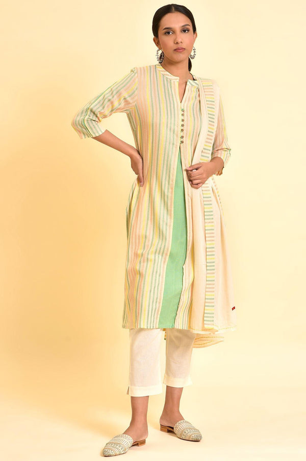 Ecru Dobby Printed Kurta, Pants And Dupatta Set
