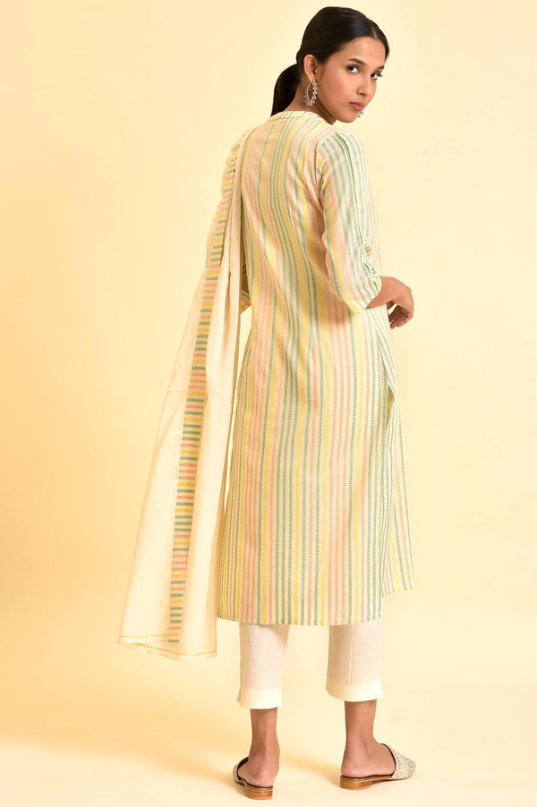 Ecru Dobby Printed Kurta, Pants And Dupatta Set