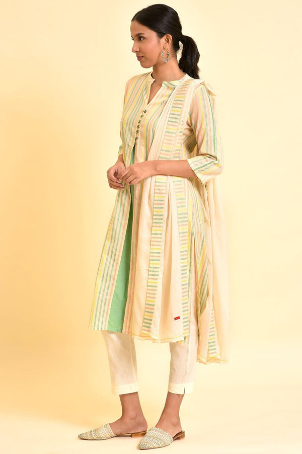 Ecru Dobby Printed Kurta, Pants And Dupatta Set