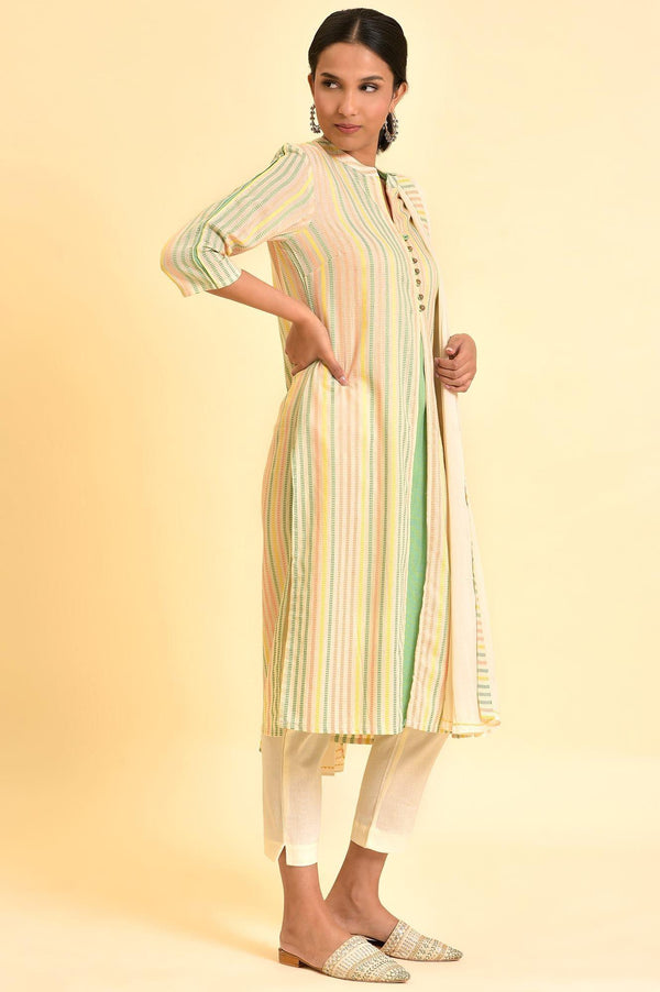 Ecru Dobby Printed Kurta, Pants And Dupatta Set