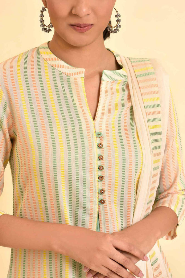 Ecru Dobby Printed Kurta, Pants And Dupatta Set