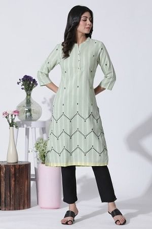 Light Green Dobby Straight Kurta And Pants Set - XS