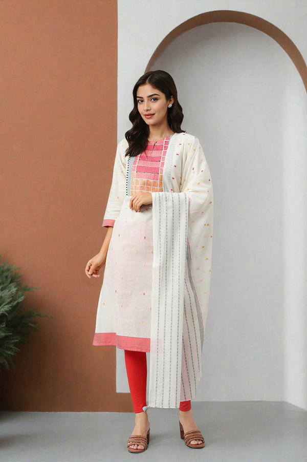 White Cotton Dobby Straight Kurta, Leggings and Butta Dobby Dupatta Set