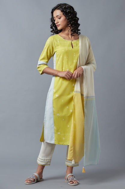 Light Yellow Cotton Dobby kurta, Slim Pants And Dupatta Set - wforwoman