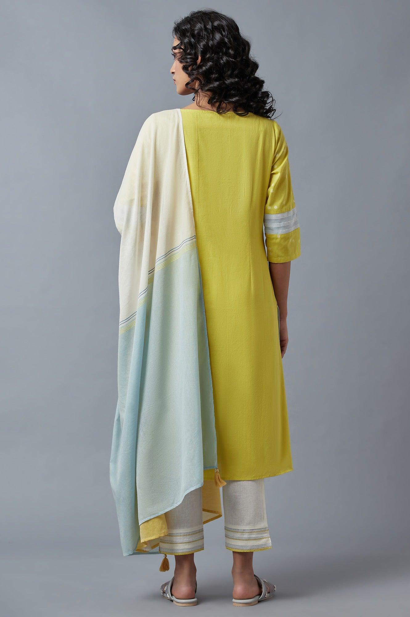 Light Yellow Cotton Dobby kurta, Slim Pants And Dupatta Set - wforwoman
