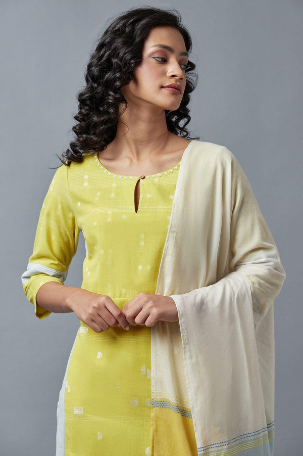 Light Yellow Cotton Dobby kurta, Slim Pants And Dupatta Set