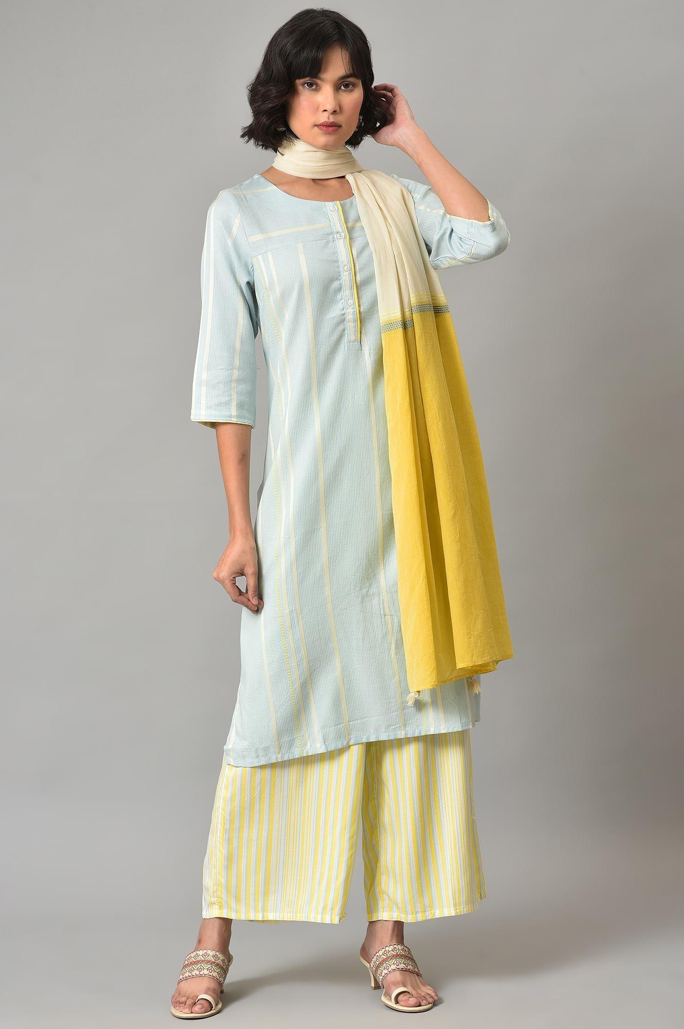 Ecru Rayon Dobby kurta With Yellow Parallel Pants And Ecru Dupatta - wforwoman