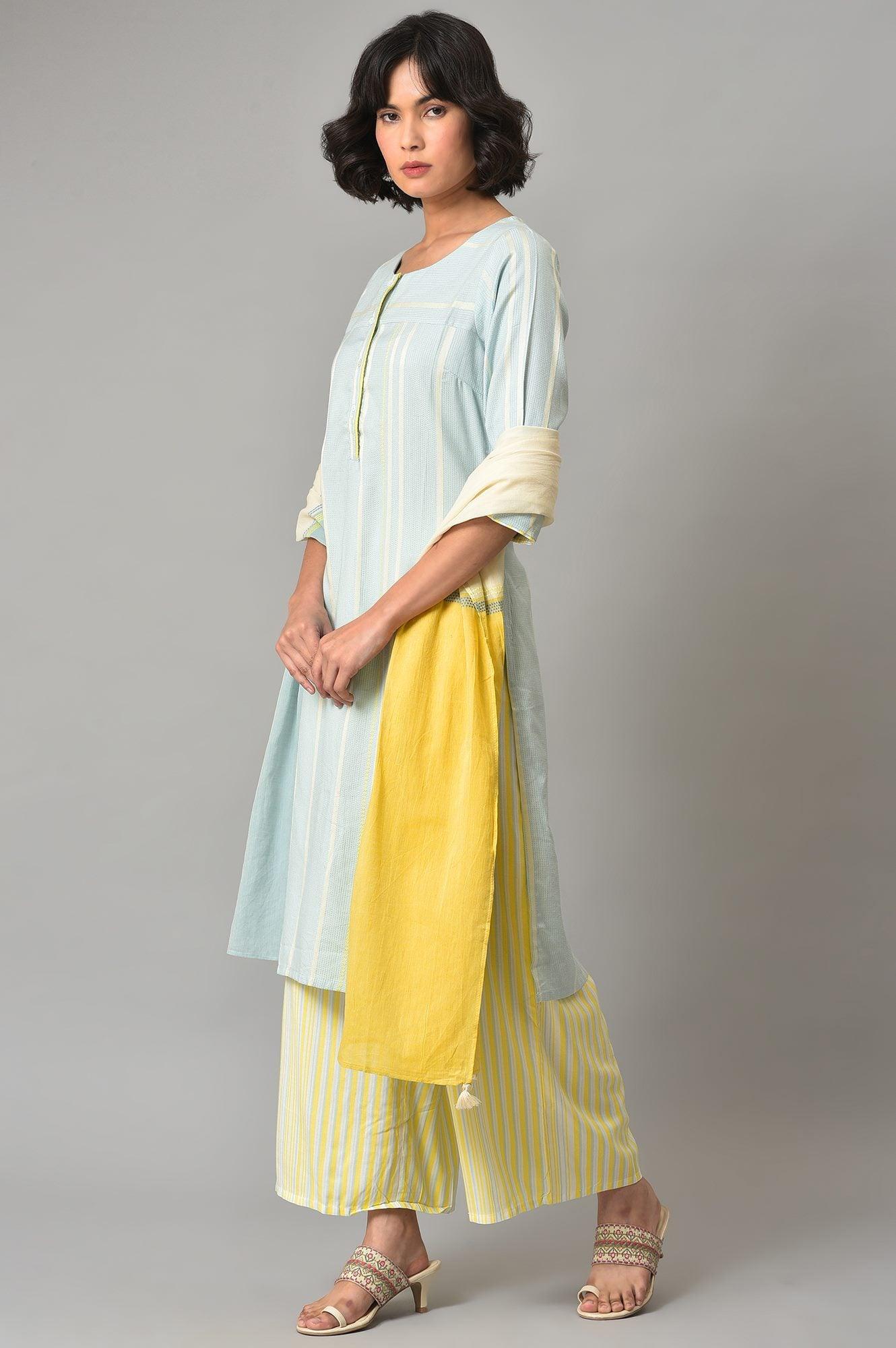 Ecru Rayon Dobby kurta With Yellow Parallel Pants And Ecru Dupatta - wforwoman