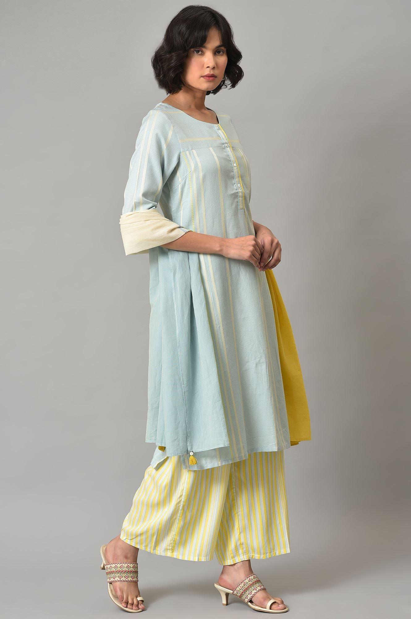 Ecru Rayon Dobby kurta With Yellow Parallel Pants And Ecru Dupatta - wforwoman