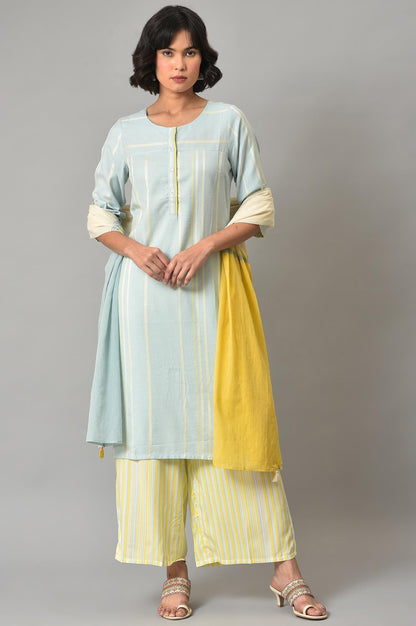 Ecru Rayon Dobby kurta With Yellow Parallel Pants And Ecru Dupatta - wforwoman