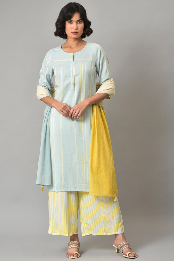 Ecru Rayon Dobby kurta With Yellow Parallel Pants And Ecru Dupatta