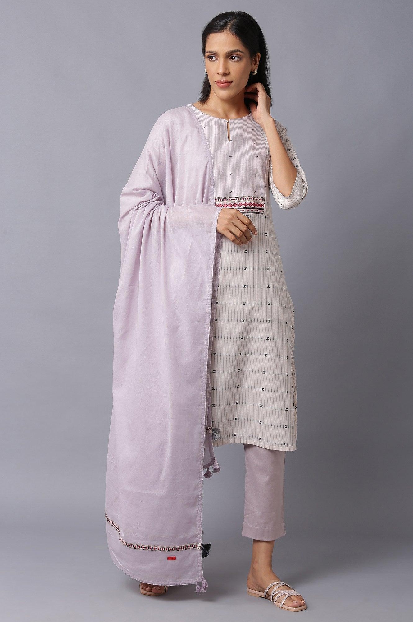 Beige A-Line Cotton kurta With Light Purple Slim Pants And Dupatta - wforwoman