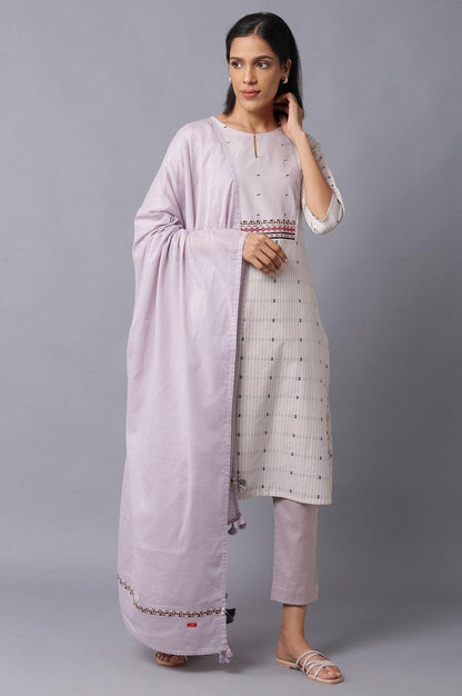 Beige A-Line Cotton kurta With Light Purple Slim Pants And Dupatta - wforwoman