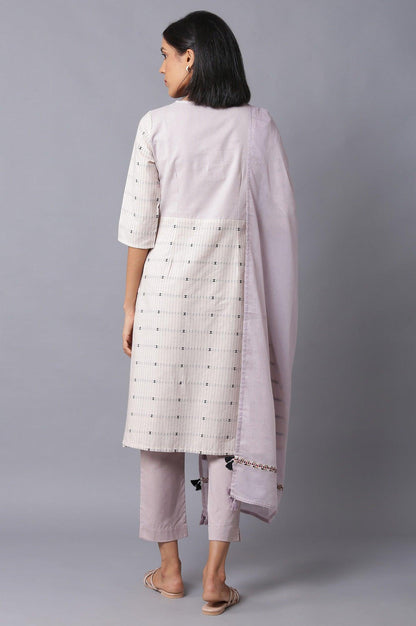 Beige A-Line Cotton kurta With Light Purple Slim Pants And Dupatta - wforwoman