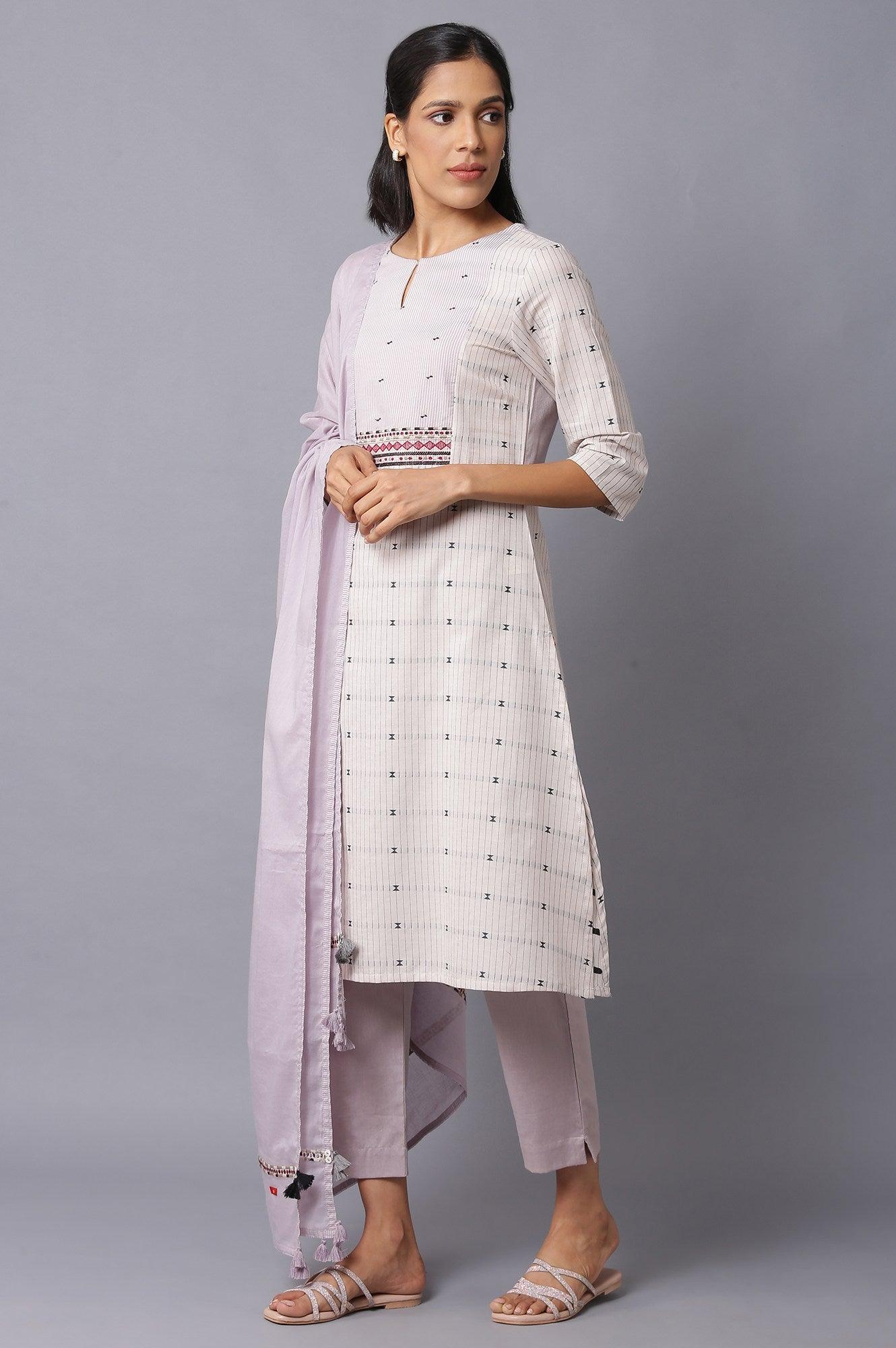 Beige A-Line Cotton kurta With Light Purple Slim Pants And Dupatta - wforwoman