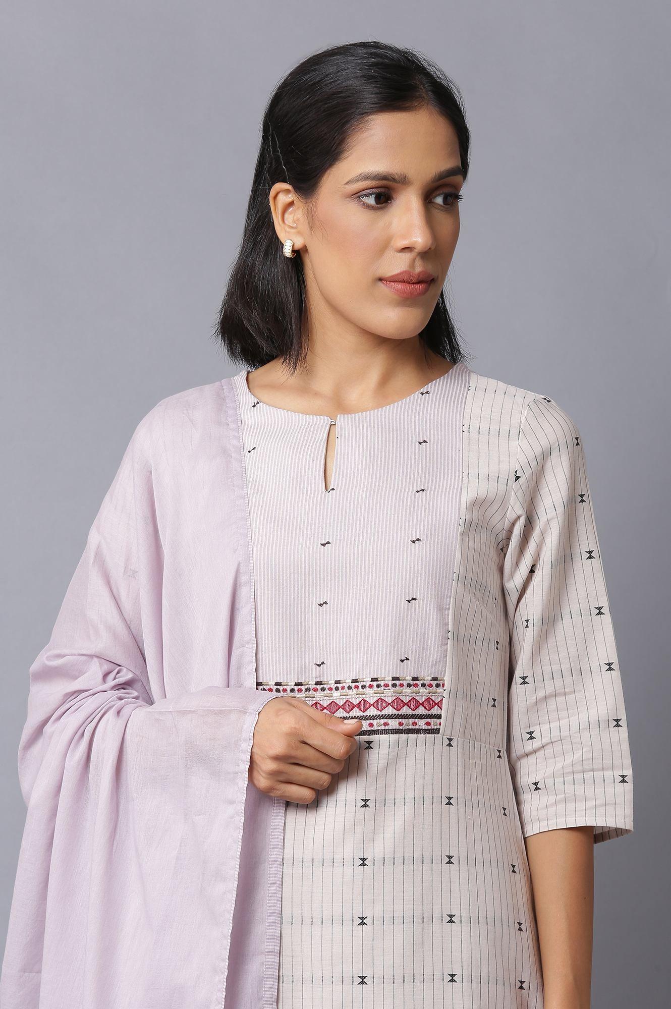 Beige A-Line Cotton kurta With Light Purple Slim Pants And Dupatta - wforwoman