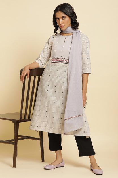 Beige Printed Kurta, Pants And Dupatta Set