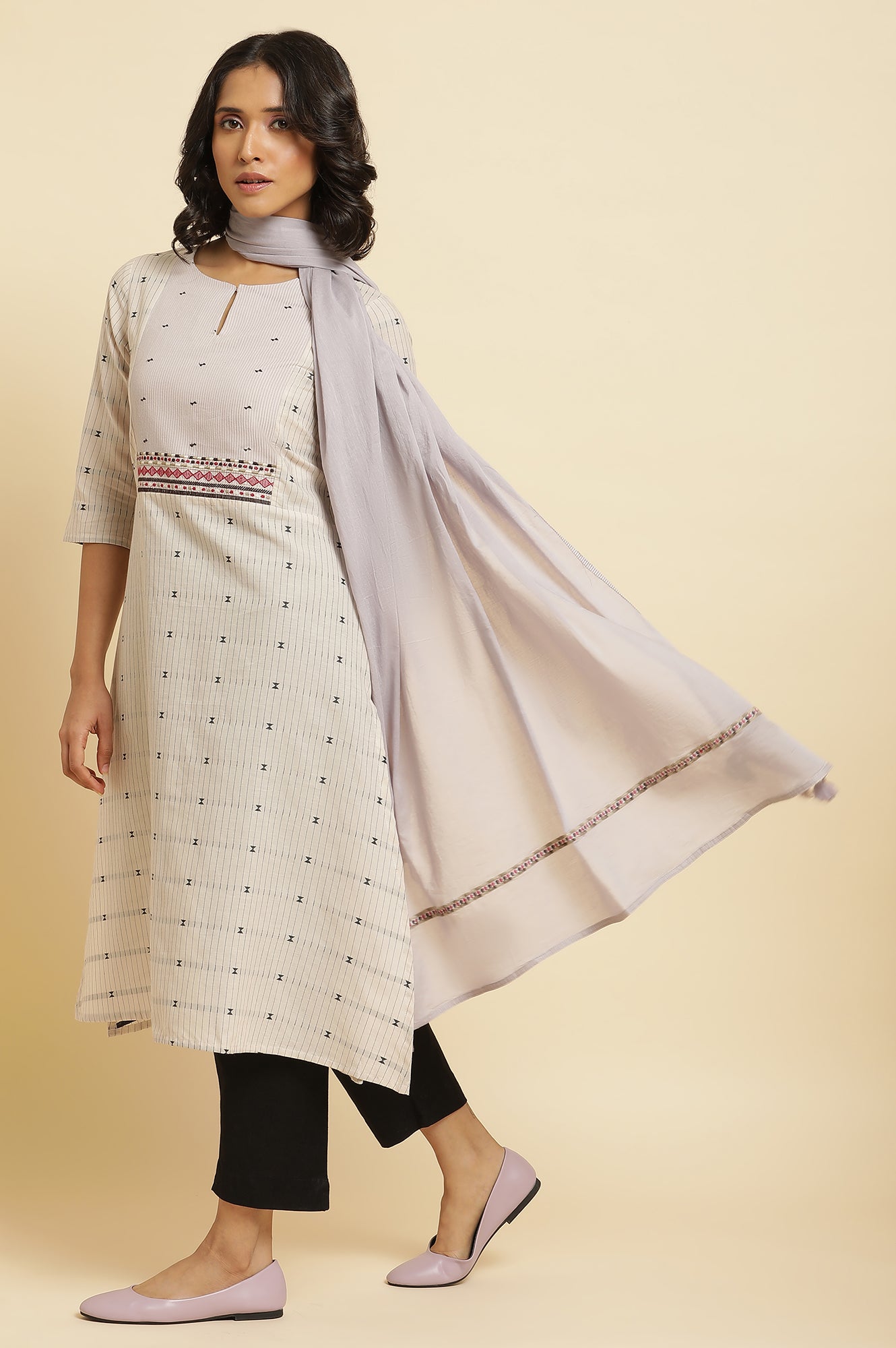 Beige Printed Kurta, Pants And Dupatta Set