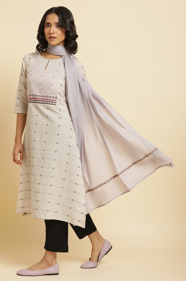 Beige Printed Kurta, Pants And Dupatta Set